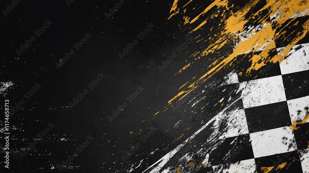 Poster checkered flag with grunge texture, abstract background.