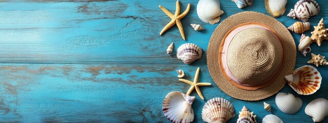 Beach accessories, seashells, starfish, straw hat, blue wooden background, summer vacation, coastal decor, nautical theme, rustic texture, turquoise boards, sand, tropical getaway, seaside memories, m