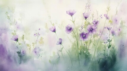 Obraz premium Watercolor painting of purple wildflowers, soft green background, dreamy and ethereal with a misty effect.