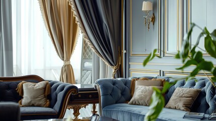 Stylish furniture and elegant curtain in living room. Interior design
