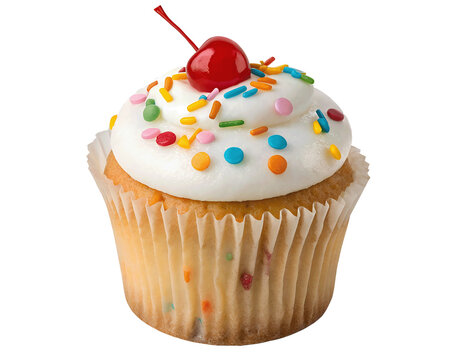 Beautiful cupcake featuring creamy swirls of frosting and colorful toppings, neatly isolated on a white transparent background, suitable for use in bakery promotions or digital designs