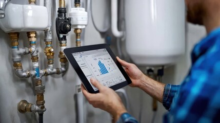 A man is holding a tablet and looking at a graph