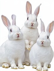 Fototapeta premium Collection of three white rabbits (portrait, sitting), animal bundle isolated on a white background as transparent PNG