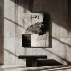 Abstract Art on Concrete Wall with Wooden Bench