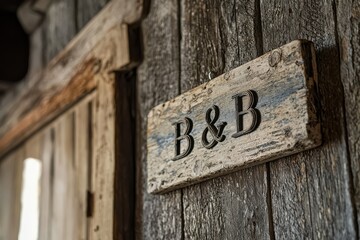 Rustic Charm: A weathered wooden sign hangs on a rustic barn door, inviting guests to a charming bed and breakfast.  The sign reads "B&B" in elegant lettering, adding a touch of vintage elegance. 