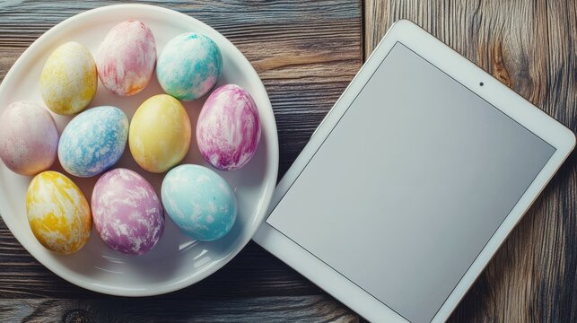 easter, holidays, technology, advertisement and object concept - close up of colored easter eggs on plate and blank tablet pc computer