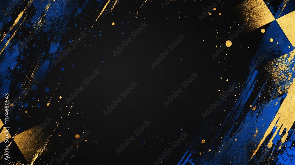 Poster abstract background with gold and blue brush strokes and splatters on black.