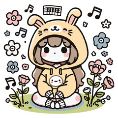 Kawaii-style girl sitting cross-legged, wearing a hoodie