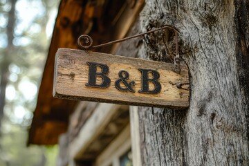 Cozy Retreat: Wooden B&B Sign on Rustic Cabin: A charming, weathered wooden sign with "B&B" lettering hangs on a rustic cabin, inviting guests to a cozy retreat.