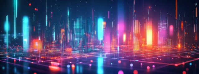 Futuristic cityscape, neon lights, reflective wet streets, cyberpunk atmosphere, urban night scene, glowing skyscrapers, pink and blue color palette, dystopian metropolis, puddles reflecting neon, hig