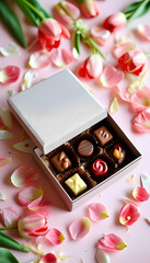 a box of chocolates with pink flowers