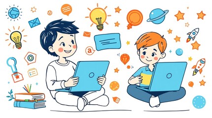Kids collaborate online, learning and innovation. Educational website illustration.