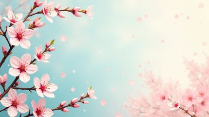 Fototapeta premium Delicate Pink Blossoms and Falling Petals on a Soft Pastel Background, Evoking Feelings of Serenity and Springtime Renewal
