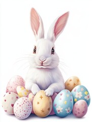 Illustration of a group of Easter eggs and a sweet bunny on a white background