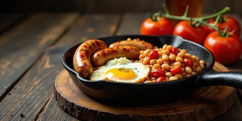 A hearty skillet breakfast featuring fried eggs, savory sausages, and flavorful baked beans, all served on a rustic wooden board