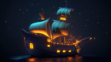 Naklejka premium Vintage Pirate Ship at Night with Glowing Lanterns and Sails