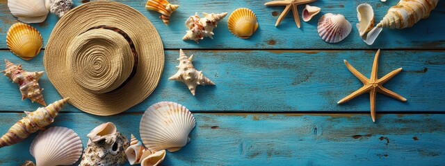 Beach accessories, seashells, starfish, straw hat, blue wooden background, summer vacation, coastal decor, nautical theme, rustic texture, turquoise boards, sand, tropical getaway, seaside memories, m