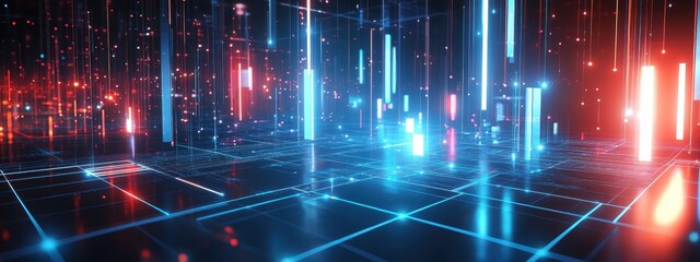 Futuristic cityscape, neon lights, reflective wet streets, cyberpunk atmosphere, urban night scene, glowing skyscrapers, pink and blue color palette, dystopian metropolis, puddles reflecting neon, hig