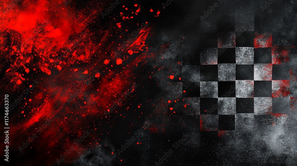Poster Dramatic checkered flag with red and black splashes.