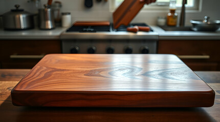 a wooden polished chopping board place on table in a kitchen background