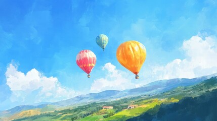 A vibrant scene of colorful hot air balloons soaring above lush green landscapes under a bright blue sky.