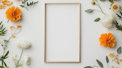 A white frame with a white background and a bunch of flowers surrounding it