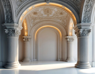 Obraz premium Grand Hallway: A majestic architectural masterpiece with ornate columns and a vaulted ceiling. The soft light filtering through the arches creates a sense of serenity and grandeur.