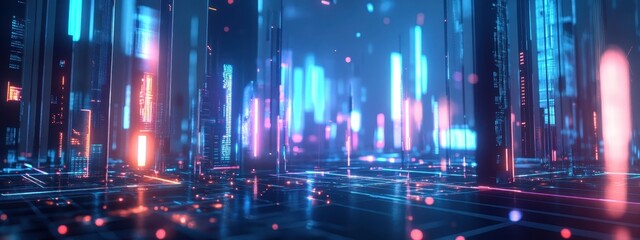 Futuristic cityscape, neon lights, reflective wet streets, cyberpunk atmosphere, urban night scene, glowing skyscrapers, pink and blue color palette, dystopian metropolis, puddles reflecting neon, hig