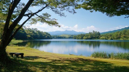 Tranquil Lake Landscape with Mountains and a Lonely Bench