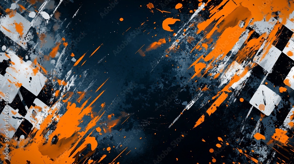Poster Abstract checkered flag design with paint splatters.