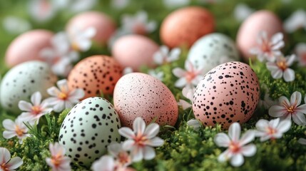Obraz premium Pastel speckled Easter eggs nestled in spring blossoms and green moss.