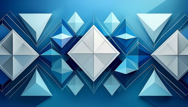 Abstract geometric design with a modern blue background, layered white transparent materials, and shapes like triangles, diamonds, and squares in harmony