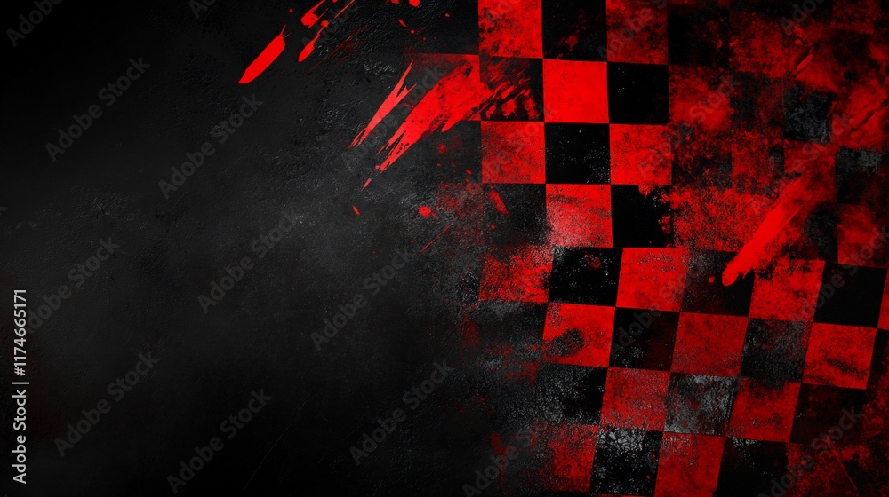 Poster checkered flag with grunge texture, dark background.