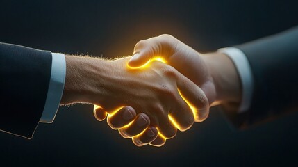 Two hands engaged in a firm handshake, symbolizing agreement, partnership, or collaboration, illuminated with a golden glow against a dark background.