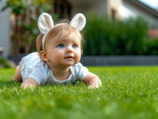 A heartwarming and realistic photograph of a baby dressed with adorable bunny ears, lying on fresh, vibrant green grass. The child looks happy, with a radiant smile that embodies joy and innocence. Th