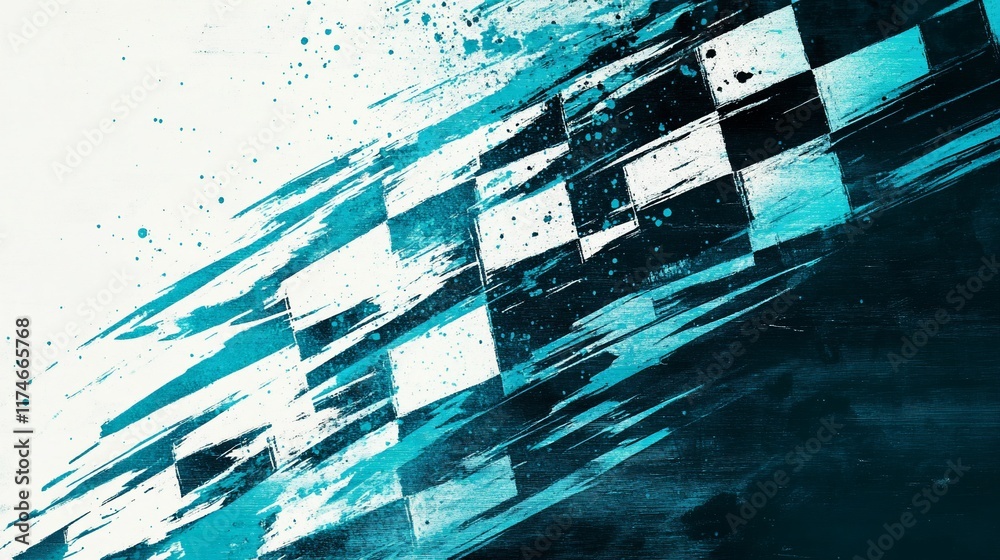 Aufkleber Abstract checkered flag with teal paint splatter effect.
