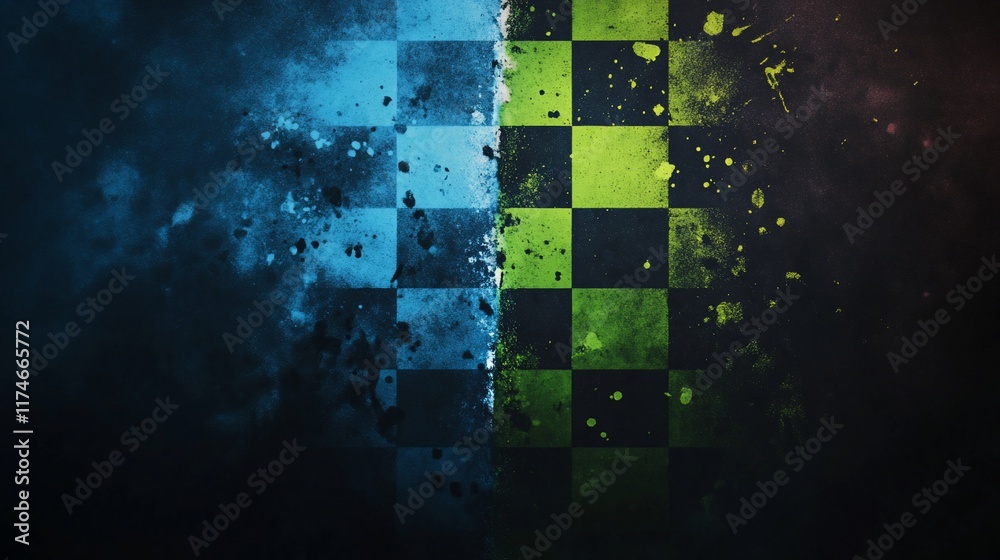 Poster checkered flag graphic with vibrant colors and abstract design elements.