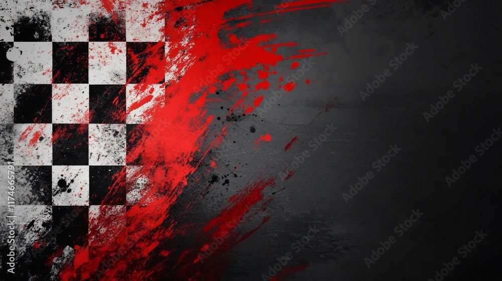Poster checkered flag with grunge texture, red splatters.