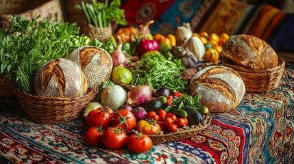 Fototapeta premium traditional Ramadan table setting featuring a colorful tablecloth adorned with a delightful feast of fresh vegetables and artisanal bread, evoking a sense of community and celebration