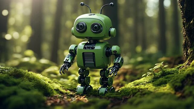 charming animated robot character strolling mossy woodland offering whimsical mix modern AI design cute storytelling