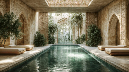 Fototapeta premium Serene Oasis: Indoor Pool in a Luxurious Moroccan Riad 