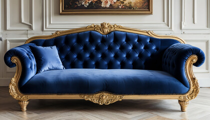 Royal Blue Velvet Sofa:  A luxurious, deep blue velvet sofa with intricate gold detailing, exudes elegance and sophistication. The tufted upholstery and curved arms add a touch of classic charm.
