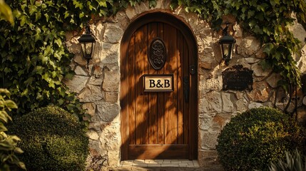 Charming B&B Entrance: A rustic wooden door, adorned with a "B&B" sign, beckons amidst a stone facade and verdant foliage, evoking a sense of warmth and inviting tranquility.