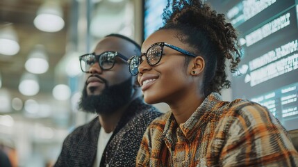 Two young Black adults, a man and woman wearing glasses, sit attentively, looking away.
