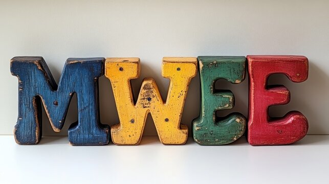 Colorful vintage wooden block letters spelling "MWE E".