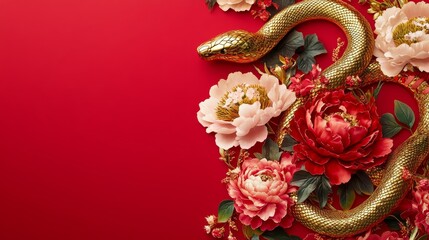 Obraz premium Serpentine Elegance: Golden Snake Coiled around Vibrant Peony Blooms on Red Background with Exquisite Detailing and Festive Design