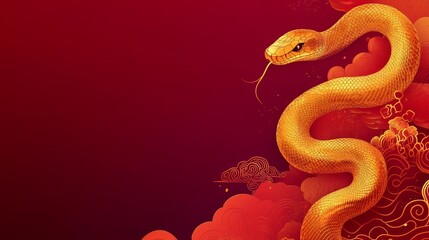 Obraz premium Festive Gold Snake Coiled in Abstract Clouds on Deep Red Background - Detailed Intricate Design for Celebratory Card