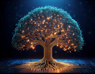 Digital tree of futuristic technology with glowing lights circuit board lines 3D rendering illustration design concept. Tree of technology for nature and technology, advanced technology, ai tech, web.