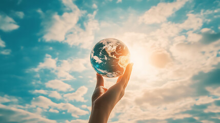 One hand holds a small transparent globe