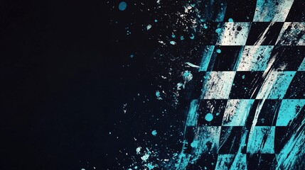 Checkered racing flag graphic design with vibrant turquoise splatter.